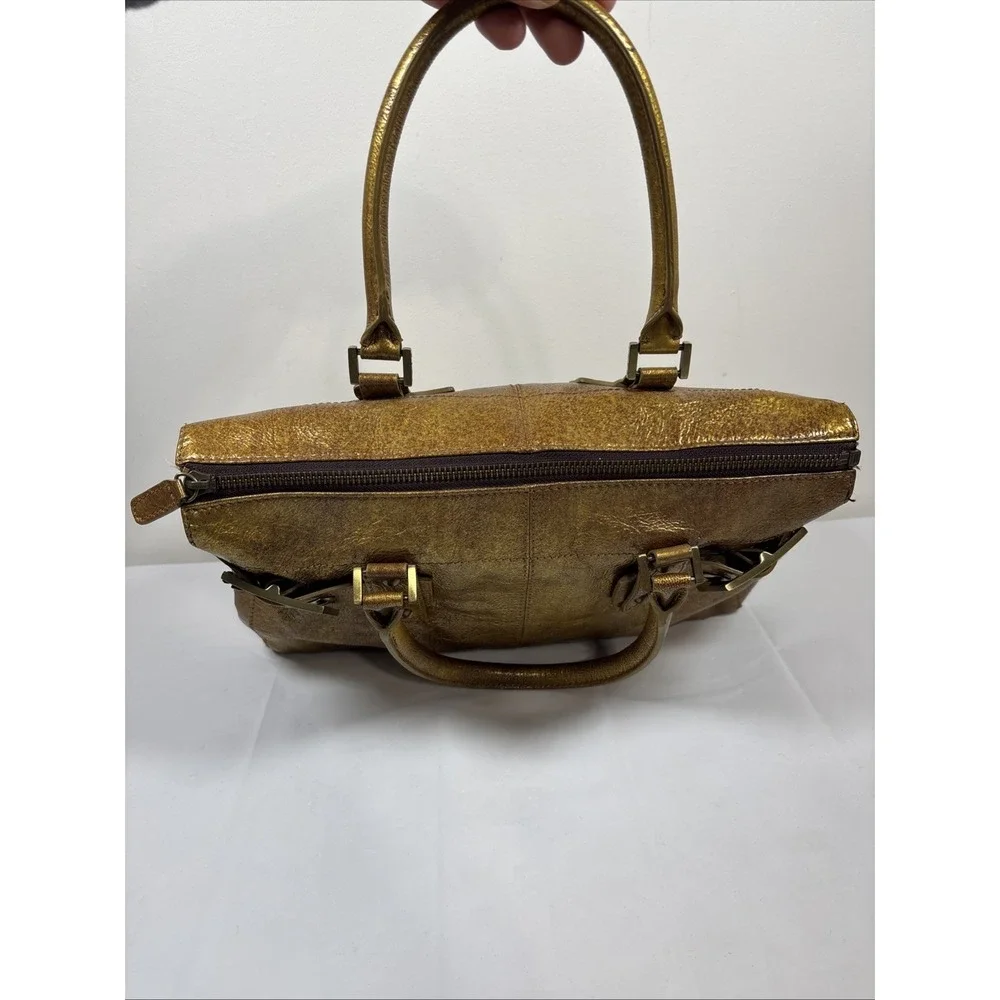 RAFE New York Metallic Gold Leather Handbag Purse Buckle DoubleHandle Retro Chic